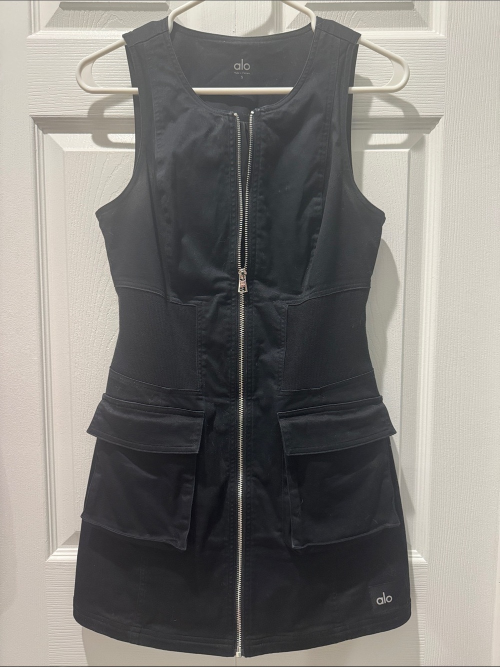 ALO Yoga Black Zip-Front Mini Dress with Cargo Pockets